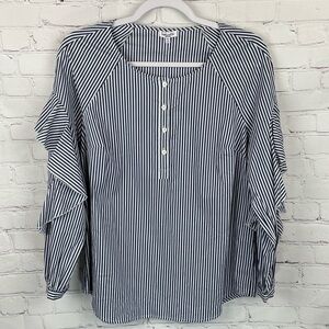 SPLENDID Women's Ruffled Sleeve Navy Striped Long Sleeve Blouse $128 NWT